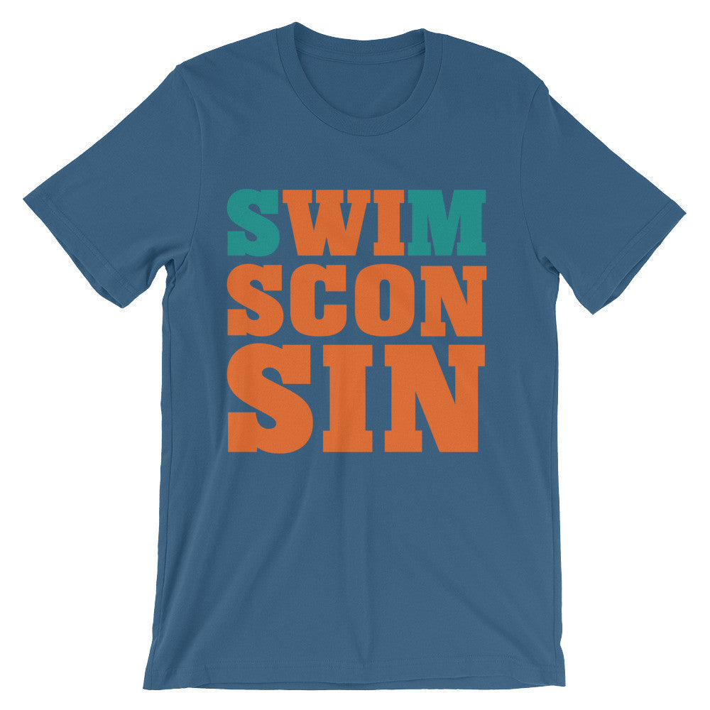 Swimsconsin bright teal/orange Unisex short sleeve t-shirt